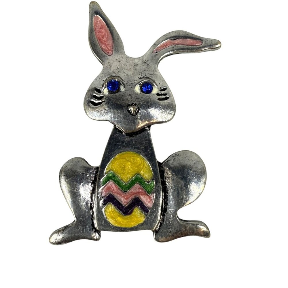 Bunny Rabbit Brooch Pendant Colorful Easter Egg Design Blue Rhinestone Eyes